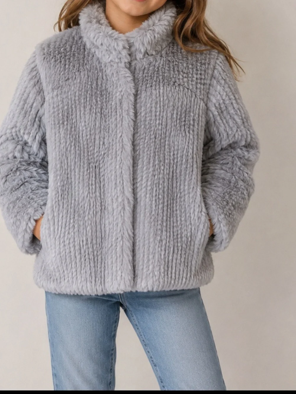 Mayoral Cozy Faux-Fur Teddy Jacket in Light Gray